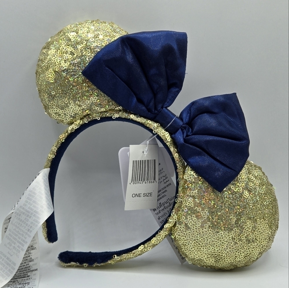 Disney Gold Sequin EARidescent Blue Bow 50th Anniversary Minnie Ear Headband